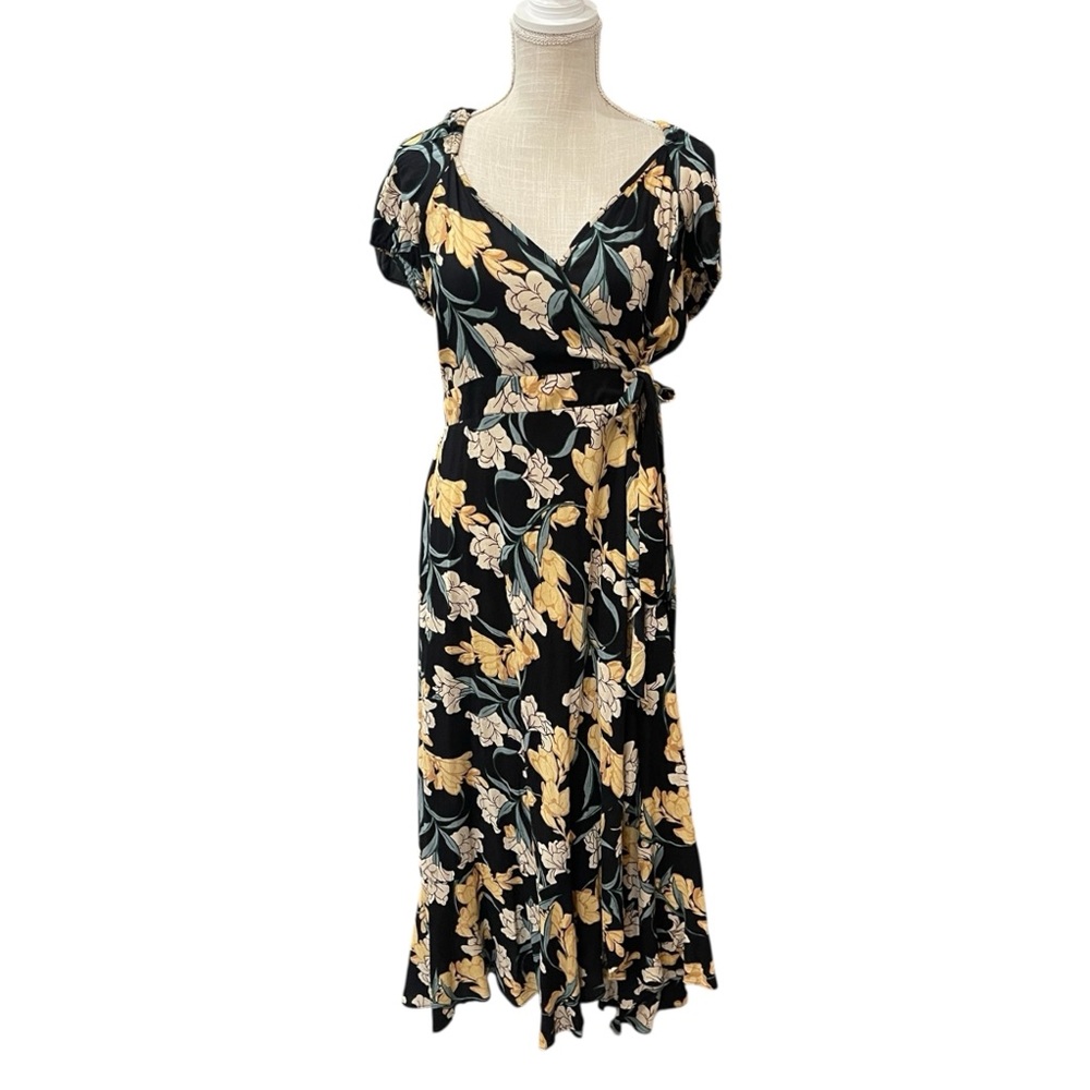 Band of the Free Black Floral Wrap Maxi Bohemian Tropical Dress Women’s size L
